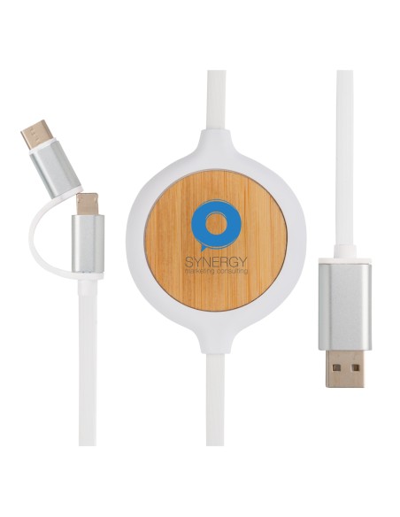 Cavo 3 in 1 con caricatore wireless in bambù da 5W Cavo 3 in 1 con caricatore wireless in bambù da 5W